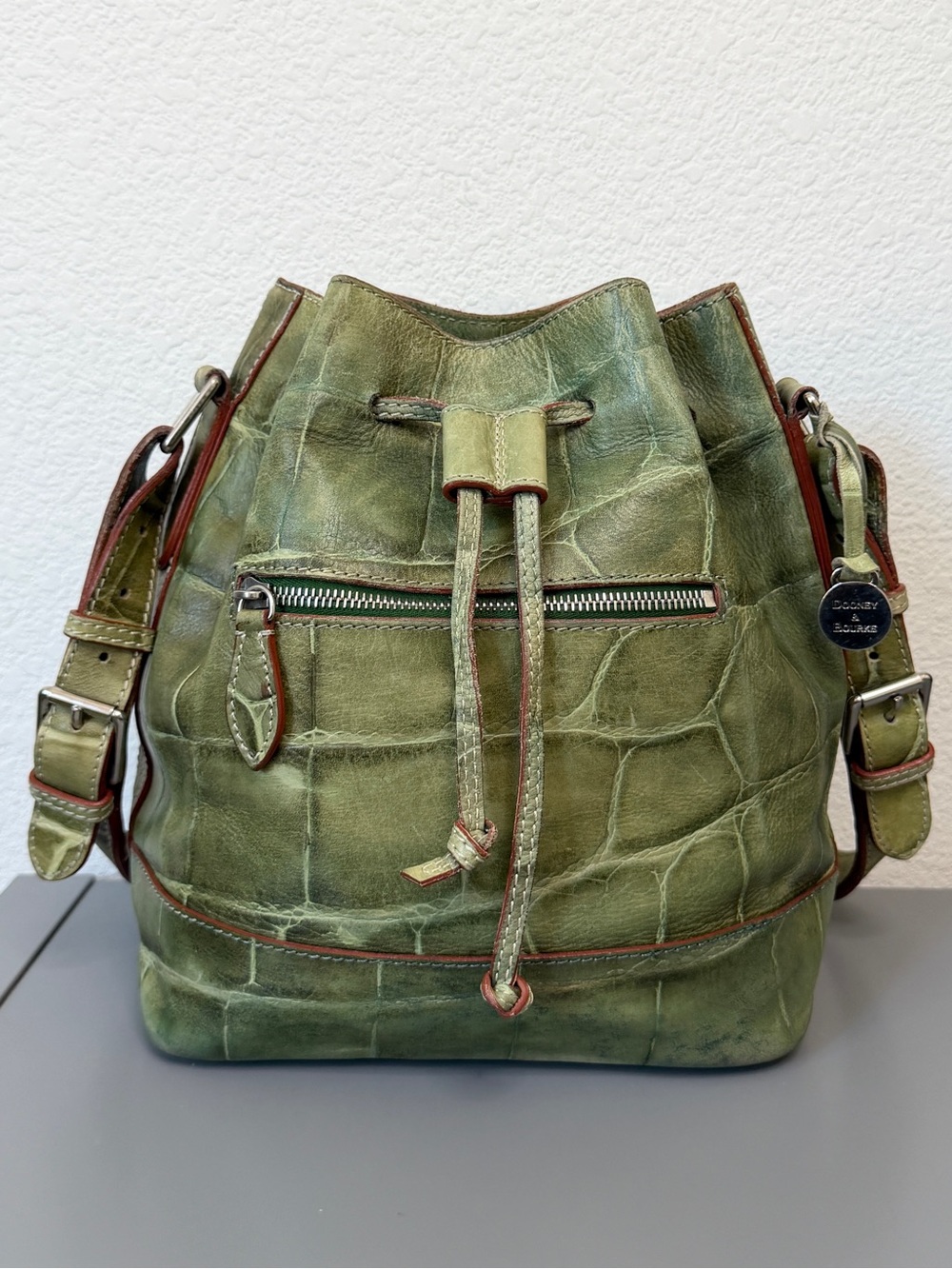 Dooney and Bourke Green Croc-Embossed Leather Bucket Shoulder Bag Made in Italy